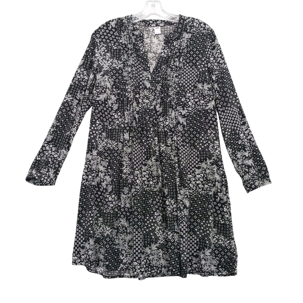 Old Navy Floral Print‎ Dress Long Sleeve Black White Sz M Whimsigoth Witchy Goth